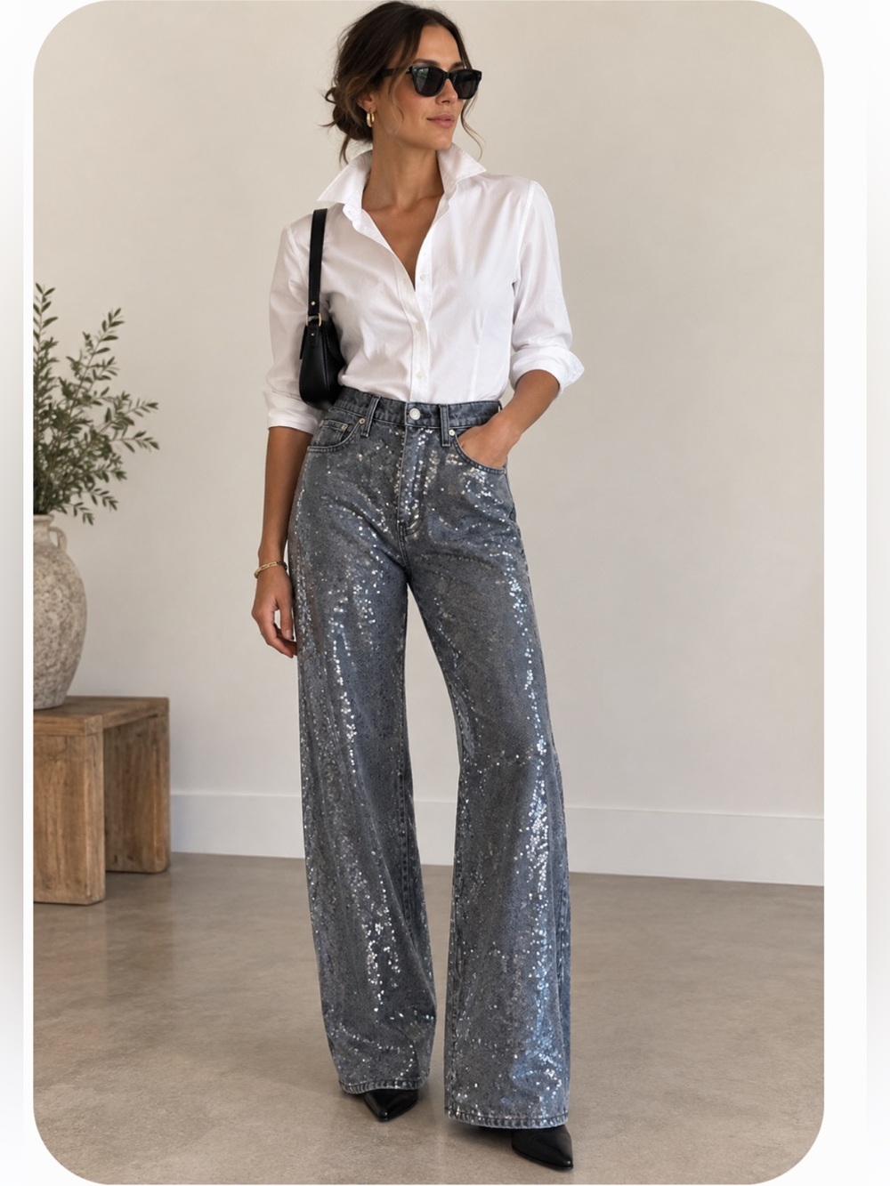 Rag & bone Shea High Rise Full Length Relaxed Straight-Leg Jeans, Silver Sequins